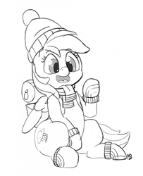 Size: 1280x1575 | Tagged: safe, artist:pabbley, rainbow dash, pegasus, pony, dungeons and discords, g4, 30 minute art challenge, clothes, cute, dashabetes, female, grayscale, hat, mare, mittens, monochrome, open mouth, scarf, simple background, sitting, solo, white background