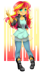 Size: 2377x3996 | Tagged: safe, artist:pillonchou, sunset shimmer, human, equestria girls, blushing, boots, clothes, cute, female, green eyes, jacket, leather jacket, lipstick, pants, shimmerbetes, shoes, smiling, solo