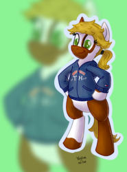 Size: 2224x3004 | Tagged: safe, artist:yugtra, oc, oc only, oc:pawprint, earth pony, pony, bipedal, clothes, high res, ponytail, solo, zoom layer