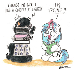 Size: 1667x1542 | Tagged: safe, artist:bobthedalek, dj pon-3, octavia melody, vinyl scratch, pony, unicorn, g4, book, dalek, doctor who, female, hoof hold, magic, mare, motion lines, newbie artist training grounds, panic, panicking, post-transformation, sitting, species swap, spell gone wrong, traditional art, transformation