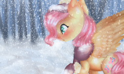 Size: 1024x614 | Tagged: safe, artist:loladotz, fluttershy, g4, blushing, clothes, cute, female, hat, scarf, shyabetes, snow, snowfall, solo, spread wings, tree, winter