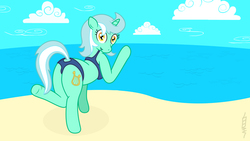 Size: 4859x2733 | Tagged: safe, artist:minimoose772, lyra heartstrings, g4, anatomically incorrect, bikini, breasts, butt, chestbreasts, clothes, female, incorrect leg anatomy, looking at you, looking back, open mouth, plot, smiling, solo, swimsuit, waving