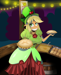 Size: 1936x2385 | Tagged: safe, artist:traupa, apple fritter, applejack, anthro, g4, make new friends but keep discord, apple, apple family member, apple pie, breasts, busty applejack, clothes, dress, female, food, gala dress, grin, hat, pie, smiling, solo