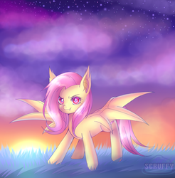 Size: 1478x1499 | Tagged: safe, artist:scruffypoop, fluttershy, bat pony, pony, g4, cloud, female, flutterbat, race swap, solo, stars, twilight (astronomy)