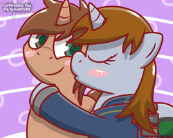 Size: 1000x800 | Tagged: safe, artist:pokefound, oc, oc only, oc:heroic armour, oc:littlepip, pony, unicorn, fallout equestria, blushing, cheek kiss, clothes, duo, fanfic, fanfic art, female, horn, kissing, mare, vault suit