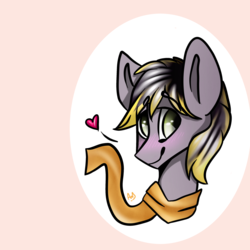 Size: 1280x1280 | Tagged: safe, artist:gravityavery, oc, oc only, oc:aero, blushing, bust, clothes, heart, offspring, parent:derpy hooves, parent:oc:warden, parents:canon x oc, parents:warderp, pink background, portrait, scarf, simple background, smiling, solo