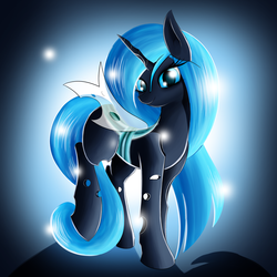 Size: 3000x3000 | Tagged: safe, artist:twiren, oc, oc only, oc:rescue pony, changeling, changeling queen, blue changeling, changeling queen oc, commission, female, high res, looking at you, raised hoof, solo