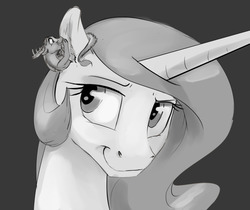 Size: 1280x1076 | Tagged: safe, artist:silfoe, discord, princess celestia, royal sketchbook, g4, duo, grayscale, monochrome, sketch, whispering