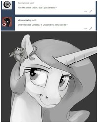 Size: 1304x1630 | Tagged: safe, artist:silfoe, discord, princess celestia, royal sketchbook, g4, grayscale, micro, monochrome, smiling, whispering