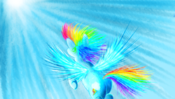 Size: 3000x1688 | Tagged: safe, artist:dmc4everucci, rainbow dash, g4, tanks for the memories, female, flying, i'll fly, solo, sun, sunlight