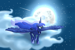 Size: 2160x1440 | Tagged: safe, artist:cgskillz, princess luna, alicorn, pony, g4, cloud, female, full moon, mare, moon, night, night sky, shooting star, sky, solo, spread wings, standing, starry night, wings