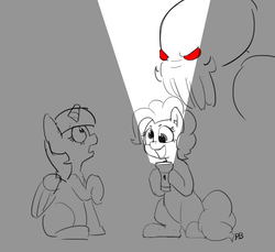 Size: 1280x1172 | Tagged: safe, artist:pabbley, pinkie pie, twilight sparkle, alicorn, pony, g4, 30 minute art challenge, cthulhu, derp, flashlight (object), making faces with a flashlight, monochrome, open mouth, raised hoof, twilight sparkle (alicorn)