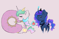Size: 1280x845 | Tagged: safe, artist:magnaluna, princess celestia, princess luna, g4, :<, apple, blushing, chibi, colored wings, colored wingtips, cute, donut, donutlestia, eyes closed, fluffy, food, frown, hug, levitation, magic, open mouth, pointy ponies, simple background, sitting, smiling, telekinesis, white background