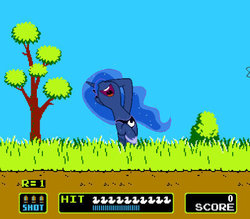 Size: 448x392 | Tagged: safe, artist:tamalesyatole, edit, princess luna, duck, g4, duck hunt, female, game, hunting, laughing, nose in the air, solo