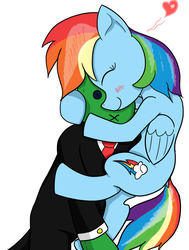 Size: 680x900 | Tagged: safe, artist:php73, rainbow dash, oc, oc:anon, pegasus, pony, g4, canon x oc, cute, cutie mark, doll, eyes closed, female, heart, mare, shipping, simple background, smiling, solo, toy, white background