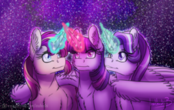 Size: 1024x647 | Tagged: safe, artist:inuhoshi-to-darkpen, starlight glimmer, sunset shimmer, twilight sparkle, alicorn, pony, unicorn, g4, counterparts, female, glowing horn, horn, magic, magic aura, mare, patreon, patreon logo, signature, stars, trio, twilight sparkle (alicorn), twilight's counterparts
