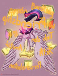 Size: 900x1180 | Tagged: safe, artist:blackgryph0n, artist:inuhoshi-to-darkpen, twilight sparkle, alicorn, pony, g4, book, chinese, feathered fetlocks, female, french, friendship day, glowing horn, horn, hungarian, indonesian, korean, magic, mare, patreon, patreon logo, purple background, russian, simple background, solo, spanish, spread wings, that pony sure does love friendship, twilight sparkle (alicorn), vietnamese, wings