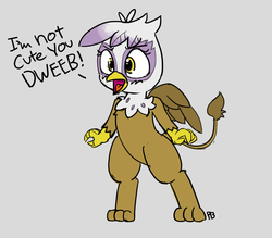 Size: 2740x2398 | Tagged: safe, artist:pabbley, gilda, griffon, g4, bipedal, blatant lies, chickub, cute, dialogue, dweeb, female, gildadorable, high res, i'm not cute, li'l gilda, lies, open mouth, simple background, solo, wide eyes, younger