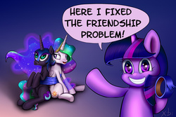 Size: 1600x1066 | Tagged: safe, artist:xbi, nightmare moon, princess celestia, twilight sparkle, alicorn, pony, g4, cute, dialogue, duct tape, everything is fixed, female, frown, grin, hoof hold, looking at you, mare, open mouth, pointing, sitting, smiling, squee, tabun art-battle finished after, tape, twiabetes, unamused, underhoof