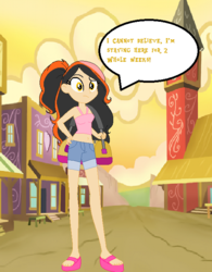 Size: 539x691 | Tagged: safe, artist:obeliskgirljohanny, oc, oc only, oc:marmalade meringue, equestria girls, g4, appleloosa, bag, base used, belly button, clothes, looking at you, midriff, pixel art, shorts, speech bubble, tank top, text