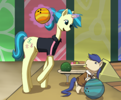 Size: 719x593 | Tagged: safe, artist:chibibiscuit, allie way, shortround, earth pony, pony, unicorn, g4, bowling, bowling ball, clothes, long neck, shipping, shirt, shortway, size difference, step stool