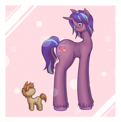 Size: 733x743 | Tagged: safe, artist:chibibiscuit, oc, oc only, oc:cee biscuit, oc:tea biscuit, pony, unicorn, eye contact, glasses, heart, long legs, long neck, size comparison