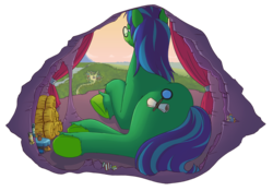 Size: 1477x1036 | Tagged: safe, artist:chibibiscuit, daring do, spitfire, oc, oc only, oc:daisini, pony, g4, book, cave, doll, flower, giant pony, giant unicorn, glasses, hay, hay bale, macro, pillow, poster, solo, table, toy, vase, village