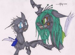 Size: 1024x755 | Tagged: safe, artist:shikogo, queen chrysalis, changeling, changeling queen, g4, female, grin, growling, scared, smiling, traditional art