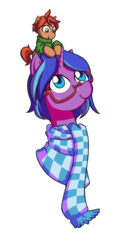 Size: 507x1001 | Tagged: safe, artist:chibibiscuit, oc, oc only, oc:cee biscuit, oc:tea biscuit, clothes, glasses, macro, ponies riding ponies, riding, scarf
