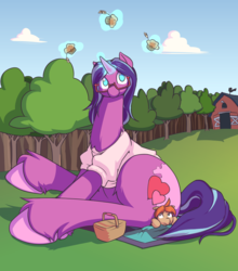 Size: 1024x1166 | Tagged: safe, artist:chibibiscuit, oc, oc only, oc:cee biscuit, oc:tea biscuit, barn, clothes, forest, glasses, long neck, macro, picnic, picnic basket, picnic blanket, shirt, sitting on pony
