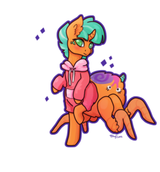 Size: 2800x3000 | Tagged: safe, artist:otterlore, snails, monster pony, original species, spider, spiderpony, g4, blushing, clothes, cute, glitter shell, high res, hoodie, lidded eyes, looking at you, male, raised hoof, simple background, smiling, solo, species swap, white background