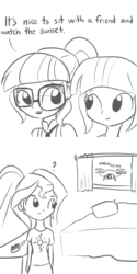Size: 679x1360 | Tagged: safe, artist:tjpones, sci-twi, sunset shimmer, twilight sparkle, equestria girls, g4, bait and switch, clothes, comic, crystal prep academy uniform, dialogue, drone, hilarious in hindsight, monochrome, name pun, not creepy, ponytail, pun, school uniform, ship:sunset twiangle, spying, stalker, stalking, twilight sparkle (alicorn), twolight