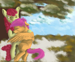 Size: 1000x825 | Tagged: safe, artist:ovan-art, apple bloom, scootaloo, earth pony, pony, g4, cuddling, cute, eyes closed, female, filly, floppy ears, hug, lesbian, looking down, missing accessory, scootalove, ship:scootabloom, shipping, snow, snuggling, spread wings, sweet apple acres, tree