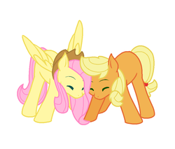 Size: 813x693 | Tagged: safe, artist:autistic-lopunny, applejack, fluttershy, pony, g4, accessory swap, applejack's hat, base used, cowboy hat, cute, eyes closed, female, hair tie, hat, jackabetes, lesbian, mare, missing cutie mark, nuzzling, ship:appleshy, shipping, shyabetes, simple background, spread wings, white background