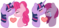 Size: 972x467 | Tagged: safe, artist:junetheicecat, pinkie pie, twilight sparkle, pony, g4, :t, base used, blushing, crying, cute, eyes closed, female, forehead kiss, heart, kissing, lesbian, mare, nuzzling, pinkamena diane pie, ship:twinkie, shipping, simple background, smiling, tears of joy, two sides, white background