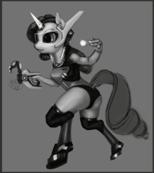 Size: 761x852 | Tagged: safe, artist:doll88, rarity, anthro, g4, clothes, crossover, dock, female, hmd, monochrome, overwatch, simple background, solo, symmetra
