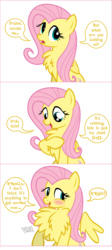 Size: 793x1770 | Tagged: safe, artist:flash equestria photography, fluttershy, pegasus, pony, g4, behaving like a bird, blushing, chest fluff, comic, cute, female, fluffershy, frown, impossibly large chest fluff, open mouth, partially open wings, pomf, raised hoof, shyabetes, simple background, smiling, solo, spread wings, white background, wings