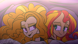 Size: 900x505 | Tagged: dead source, safe, artist:wubcakeva, adagio dazzle, sunset shimmer, equestria girls, g4, bed, bedroom eyes, female, lesbian, ship:sunsagio, shipping
