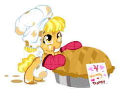 Size: 1368x1072 | Tagged: safe, artist:moostargazer, oc, oc only, oc:peachykeen, apron, chef's hat, clothes, food, hat, messy, offspring, oven mitts, parent:applejack, parent:flim, parents:flimjack, pie, simple background, transparent background