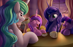 Size: 5100x3300 | Tagged: safe, artist:grennadder, princess cadance, princess celestia, princess luna, twilight sparkle, alicorn, pony, g4, alicorn tetrarchy, eyes closed, food, open mouth, smiling, tea, teacup, twilight sparkle (alicorn)