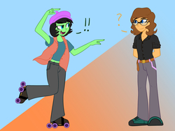 Size: 1600x1200 | Tagged: safe, artist:timidwithapen, oc, oc only, oc:andante, oc:musical act, equestria girls, g4, clothes, duo, glasses, roller skates