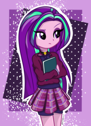 Size: 2593x3592 | Tagged: safe, artist:lyricgemva, aria blaze, equestria girls, g4, abstract background, book, clothes, clothes swap, crystal prep academy, crystal prep academy uniform, crystal prep shadowbolts, female, high res, necktie, pleated skirt, raised eyebrow, school uniform, skirt, solo