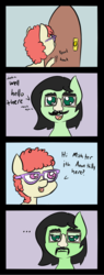 Size: 535x1414 | Tagged: safe, artist:happy harvey, twist, oc, oc:anon, oc:filly anon, g4, comic, dialogue, disguise, fake moustache, female, filly, filly anon is not amused, glasses, groucho mask, lisp, phone drawing, unamused