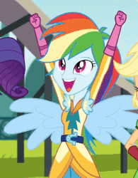 Size: 420x539 | Tagged: safe, screencap, rainbow dash, equestria girls, g4, my little pony equestria girls: friendship games, animated, cropped, cute, dashabetes, excited, female, motocross outfit, ponied up