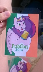 Size: 1063x1744 | Tagged: safe, artist:squishycuddle, oc, oc only, oc:princess aue, badge, cider, con badge, drunk, pubcon, solo