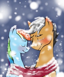 Size: 1326x1593 | Tagged: safe, quibble pants, rainbow dash, g4, blushing, clothes, cuddling, eyes closed, female, male, scarf, shared clothing, shared scarf, ship:quibbledash, shipping, smiling, snow, snowfall, snuggling, straight