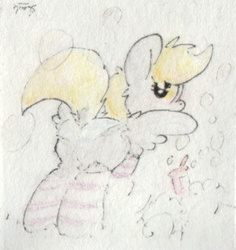 Size: 311x329 | Tagged: safe, artist:slightlyshade, derpy hooves, pegasus, pony, g4, clothes, female, lowres, mare, socks, solo, striped socks, traditional art