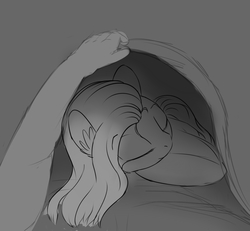 Size: 2700x2500 | Tagged: safe, artist:chapaevv, fluttershy, oc, oc:anon, g4, blanket, cute, high res, monochrome, shyabetes, sleeping