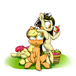 Size: 2480x2480 | Tagged: safe, artist:terkatoriam, apple bloom, applejack, oc, oc:hidden fields, pony, g4, apple, apple basket, do you mind, eating, eyes closed, food, high res, leaning, trio, unconscious