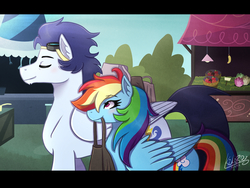 Size: 2592x1944 | Tagged: safe, artist:monnarcha, rainbow dash, soarin', pony, g4, 30 day otp challenge, bag, female, male, market, mouth hold, ship:soarindash, shipping, straight